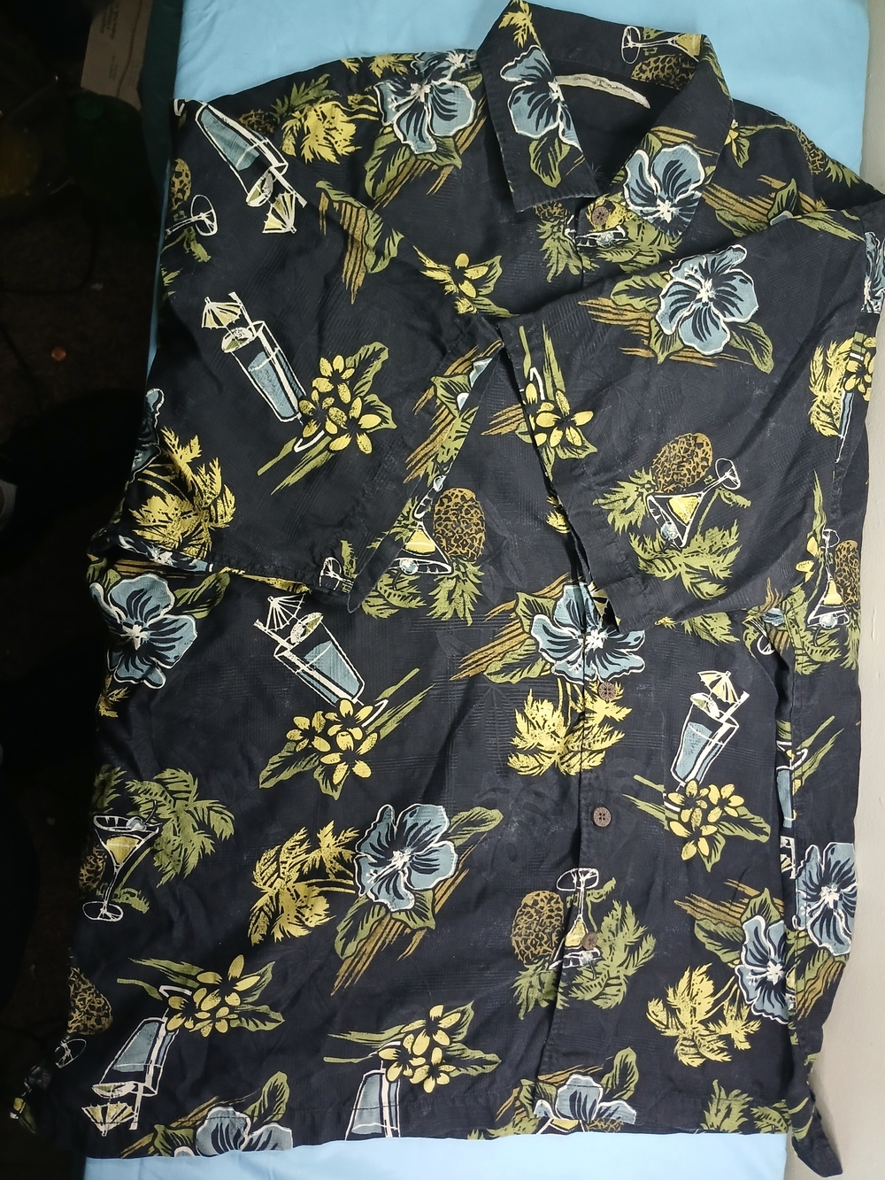 Tommy Bahama Black Hawaiian Silk Button-Up with Blue and Olive Floral Print